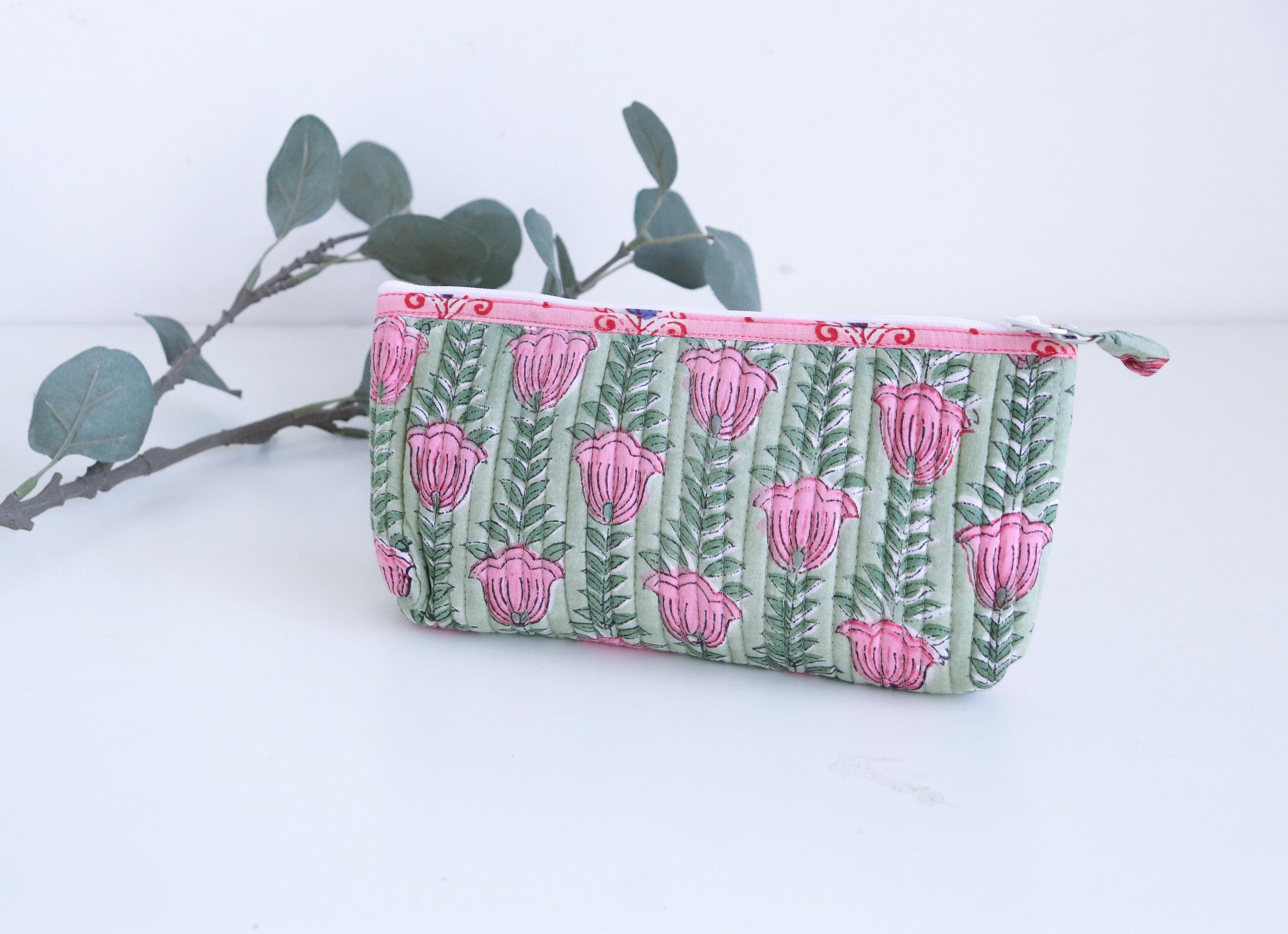 Floral Makeup Bag - Green Pencil Case - Pink Brush Holder