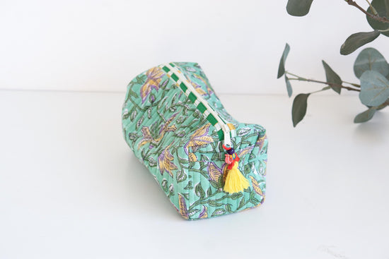 Quilted Makeup Bag | Block Print Cosmetic Pouch with Tassel | Toiletry Travel Bag | Handmade Gift for Her | Cosmetic Organizer