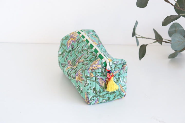 Quilted Makeup Bag | Block Print Cosmetic Pouch with Tassel | Toiletry Travel Bag | Handmade Gift for Her | Cosmetic Organizer