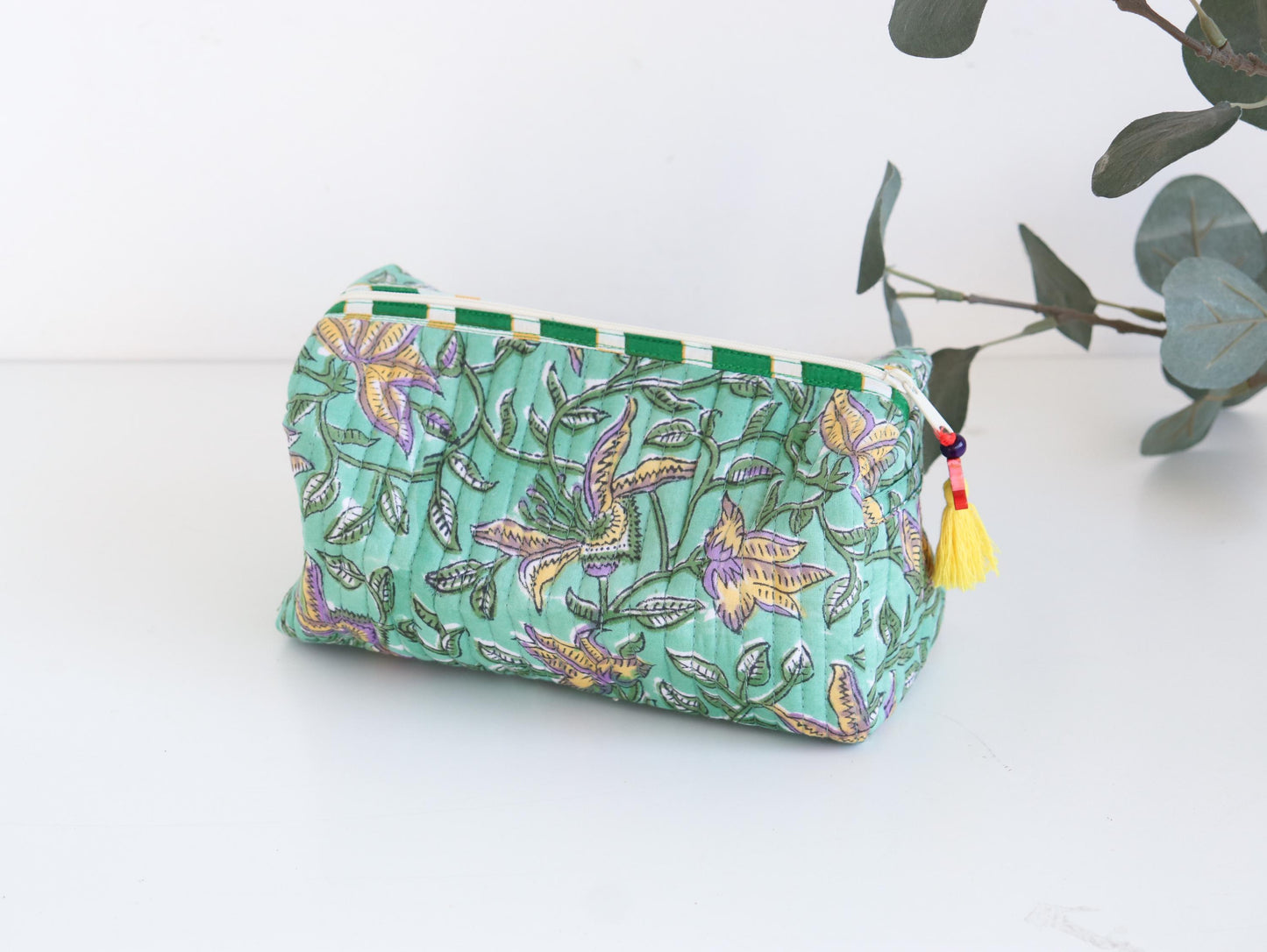 Quilted Makeup Bag | Block Print Cosmetic Pouch with Tassel | Toiletry Travel Bag | Handmade Gift for Her | Cosmetic Organizer