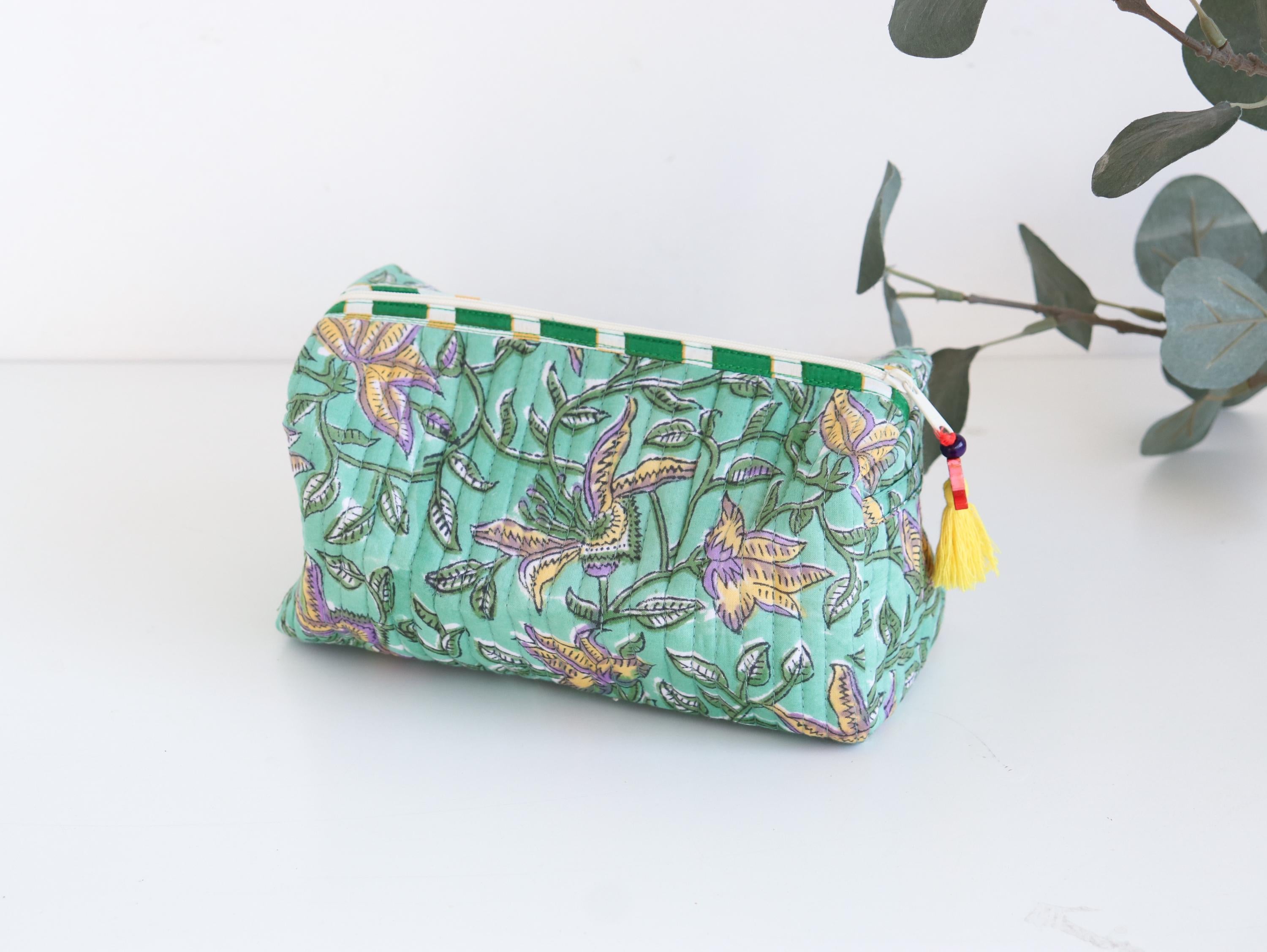 Quilted Makeup Bag | Block Print Cosmetic Pouch with Tassel | Toiletry Travel Bag | Handmade Gift for Her | Cosmetic Organizer