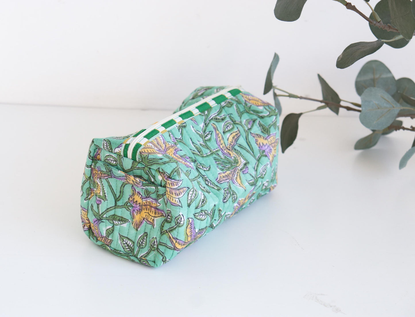 Quilted Makeup Bag | Block Print Cosmetic Pouch with Tassel | Toiletry Travel Bag | Handmade Gift for Her | Cosmetic Organizer
