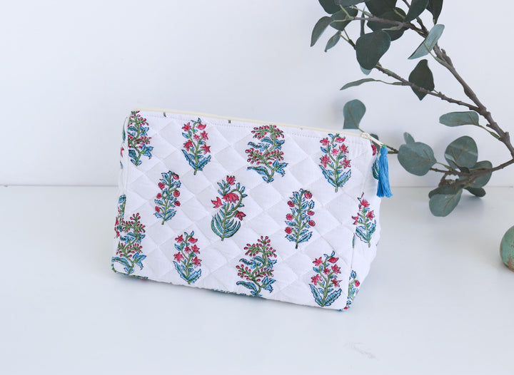 Boho Hair Accessories Standup Pouch - Leak Proof Handmade Toiletry Clutch - Large Travel Makeup Bag - White & Red Bridesmaid Purse