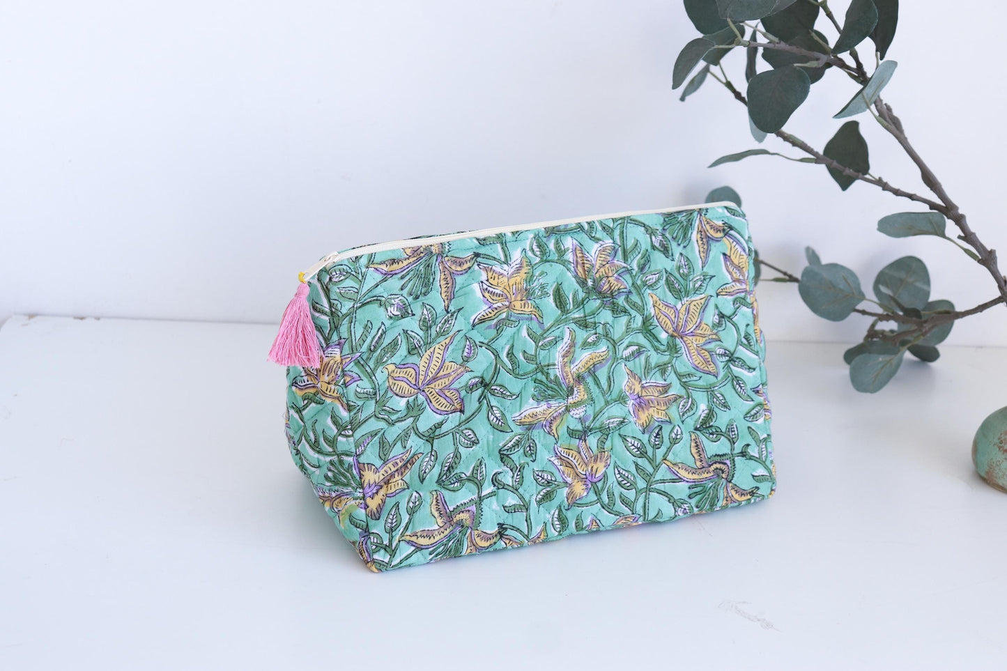 Boho Dyson Airwrap Standup Pouch - Leak Proof Handmade Toiletry Clutch - Large Travel Makeup Bag - Green & Pink Bridesmid Purse with Tassel