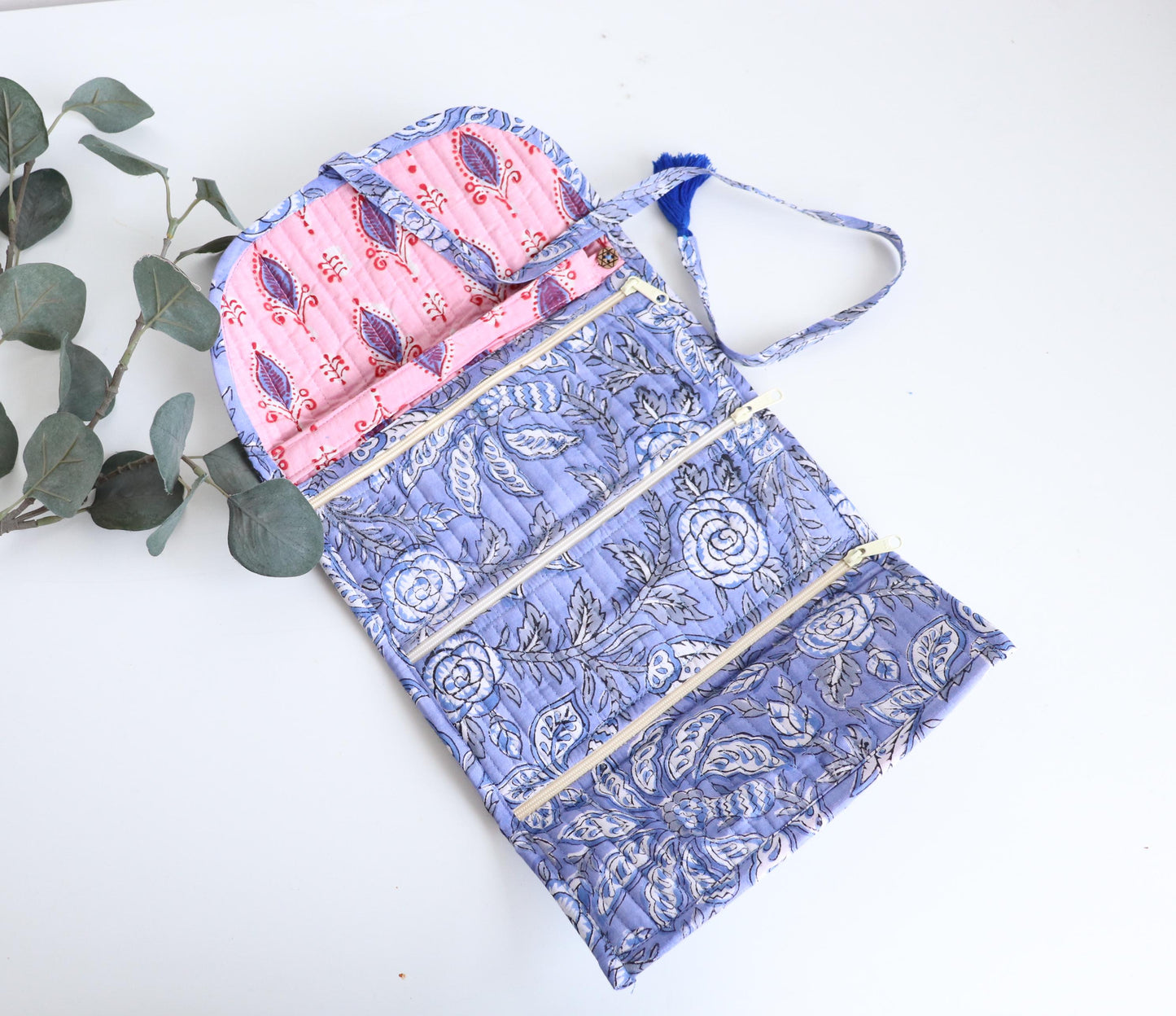 Jewelry Roll, Makeup Brush Case, Toiletry Pouch | Hand Block Printed Quilted Travel Organizer | Handmade Gift for Her | Stocking Stuffer