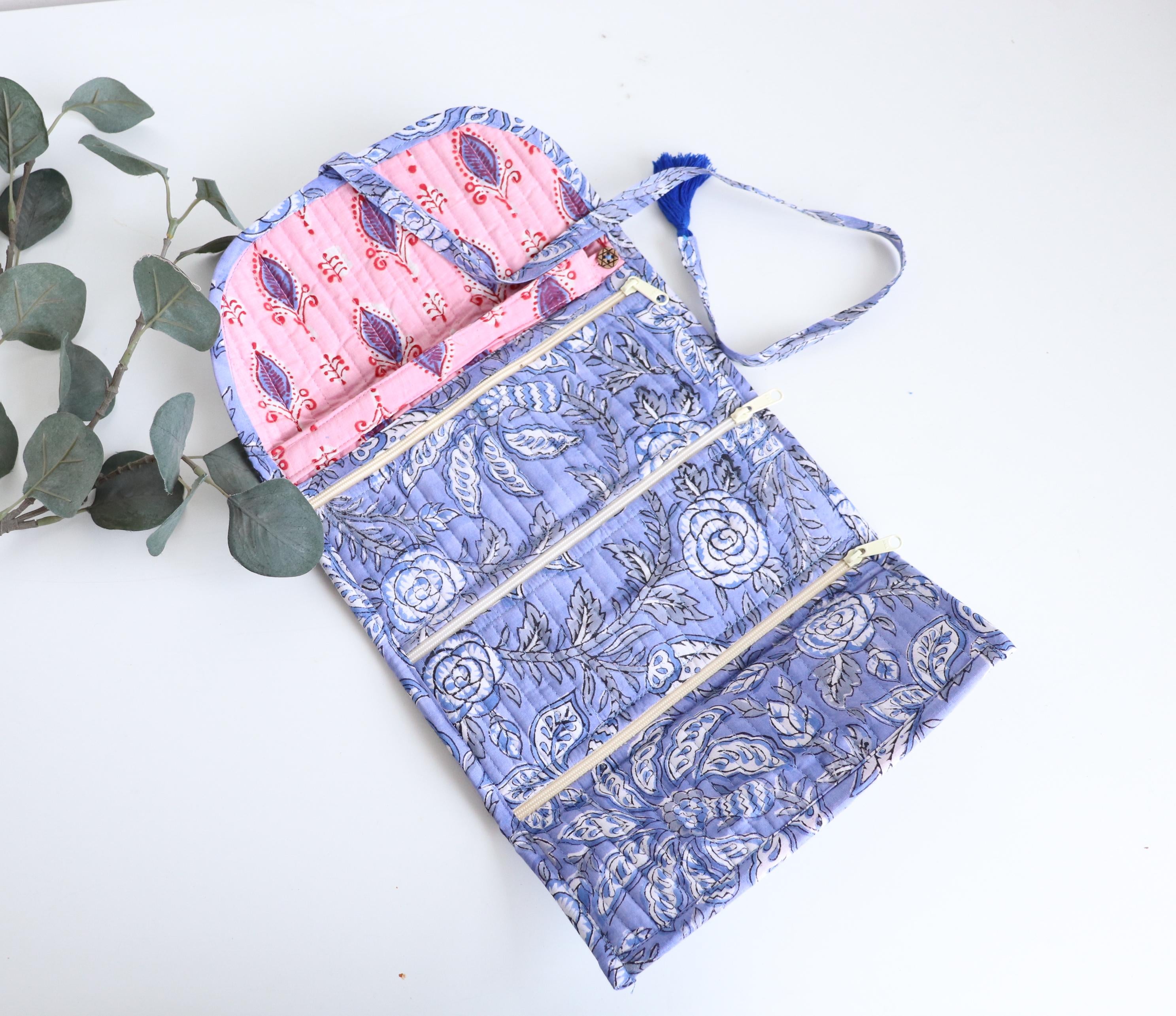 Jewelry Roll, Makeup Brush Case, Toiletry Pouch | Hand Block Printed Quilted Travel Organizer | Handmade Gift for Her | Stocking Stuffer