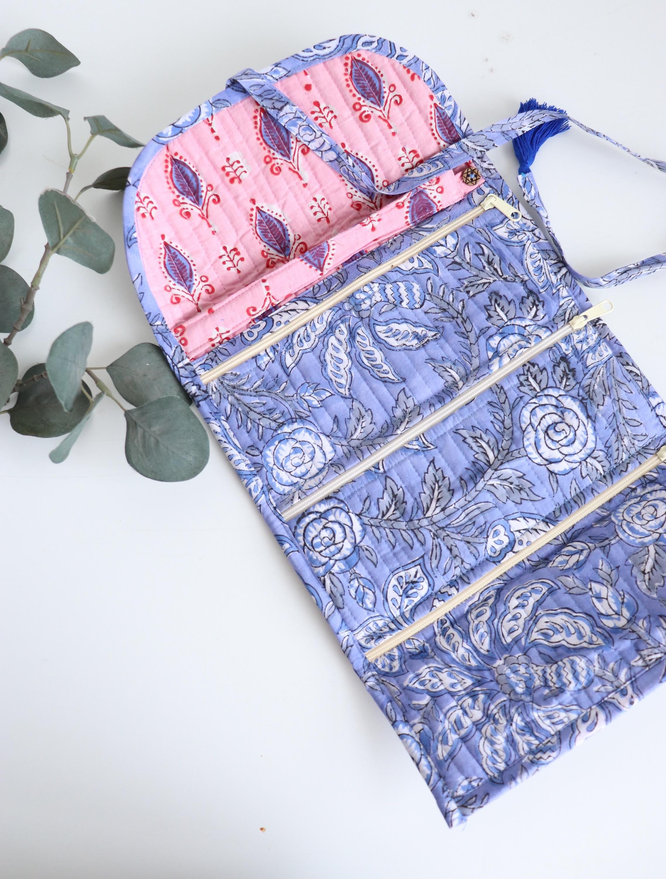 Jewelry Roll, Makeup Brush Case, Toiletry Pouch | Hand Block Printed Quilted Travel Organizer | Handmade Gift for Her | Stocking Stuffer