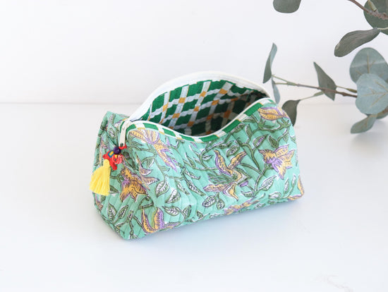 Quilted Makeup Bag | Block Print Cosmetic Pouch with Tassel | Toiletry Travel Bag | Handmade Gift for Her | Cosmetic Organizer