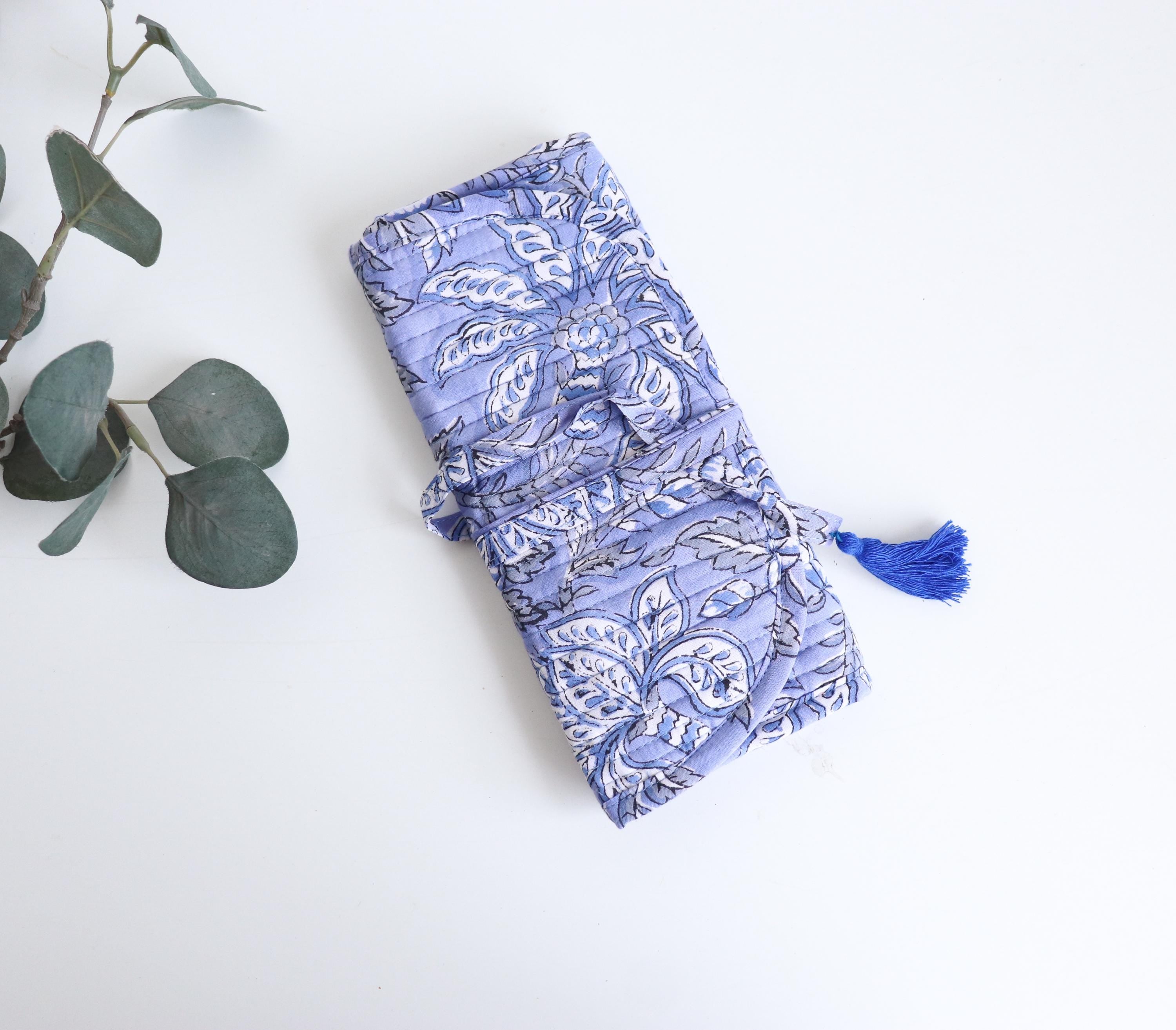 Jewelry Roll, Makeup Brush Case, Toiletry Pouch | Hand Block Printed Quilted Travel Organizer | Handmade Gift for Her | Stocking Stuffer
