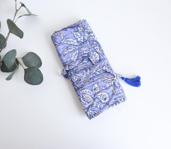 Jewelry Roll, Makeup Brush Case, Toiletry Pouch | Hand Block Printed Quilted Travel Organizer | Handmade Gift for Her | Stocking Stuffer