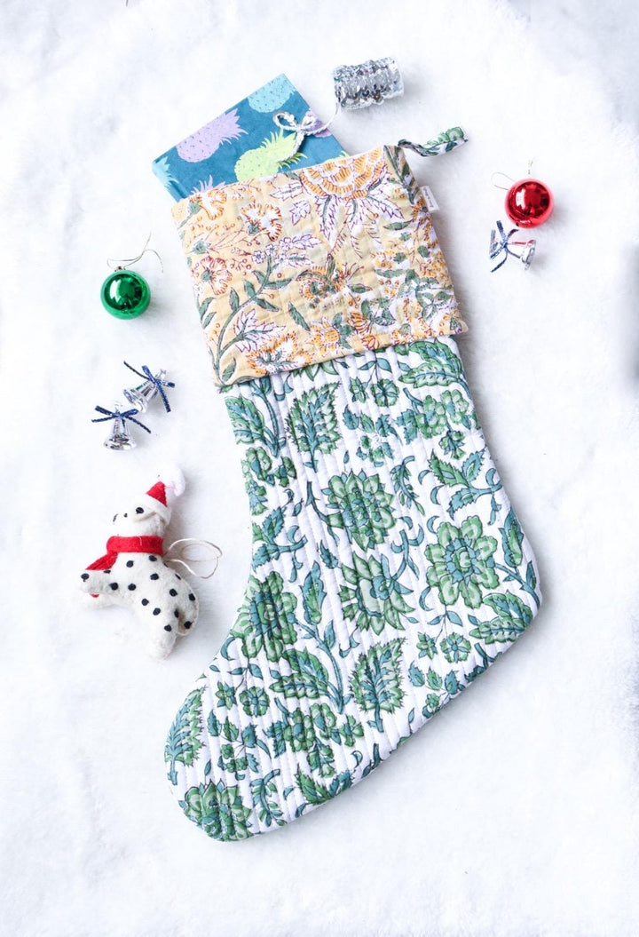 White & Green Block Print Christmas Stocking - Colorful Washable Holiday Decor - Handmade Cotton Boho Gift