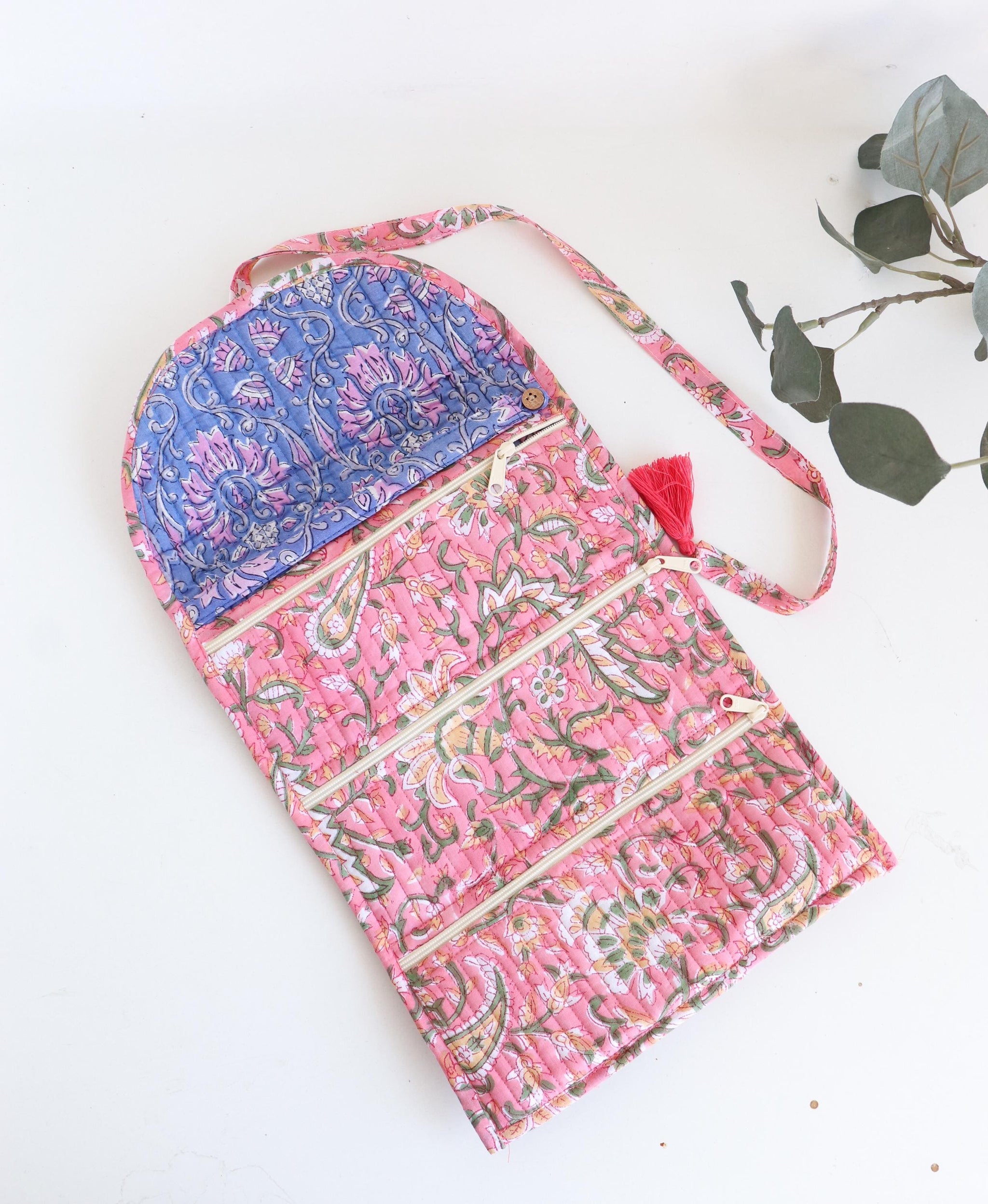 Jewelry Roll | Cotton Jewelry Organizer | Travel Jewelry Case | Roll Up Jewelry Bag with Zipper Pockets, Makeup Brush Case, Toiletry Pouch
