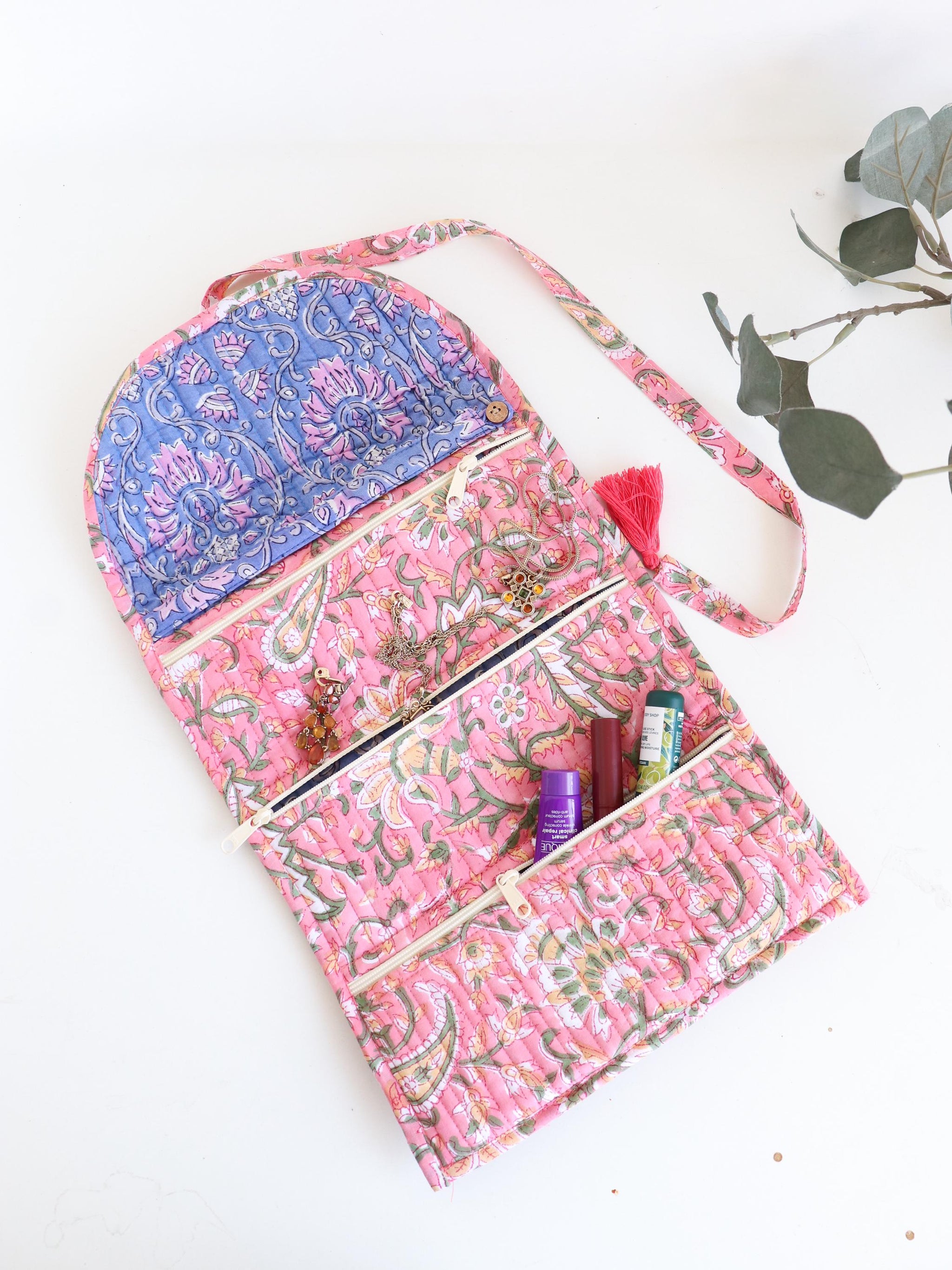 Jewelry Roll | Cotton Jewelry Organizer | Travel Jewelry Case | Roll Up Jewelry Bag with Zipper Pockets, Makeup Brush Case, Toiletry Pouch