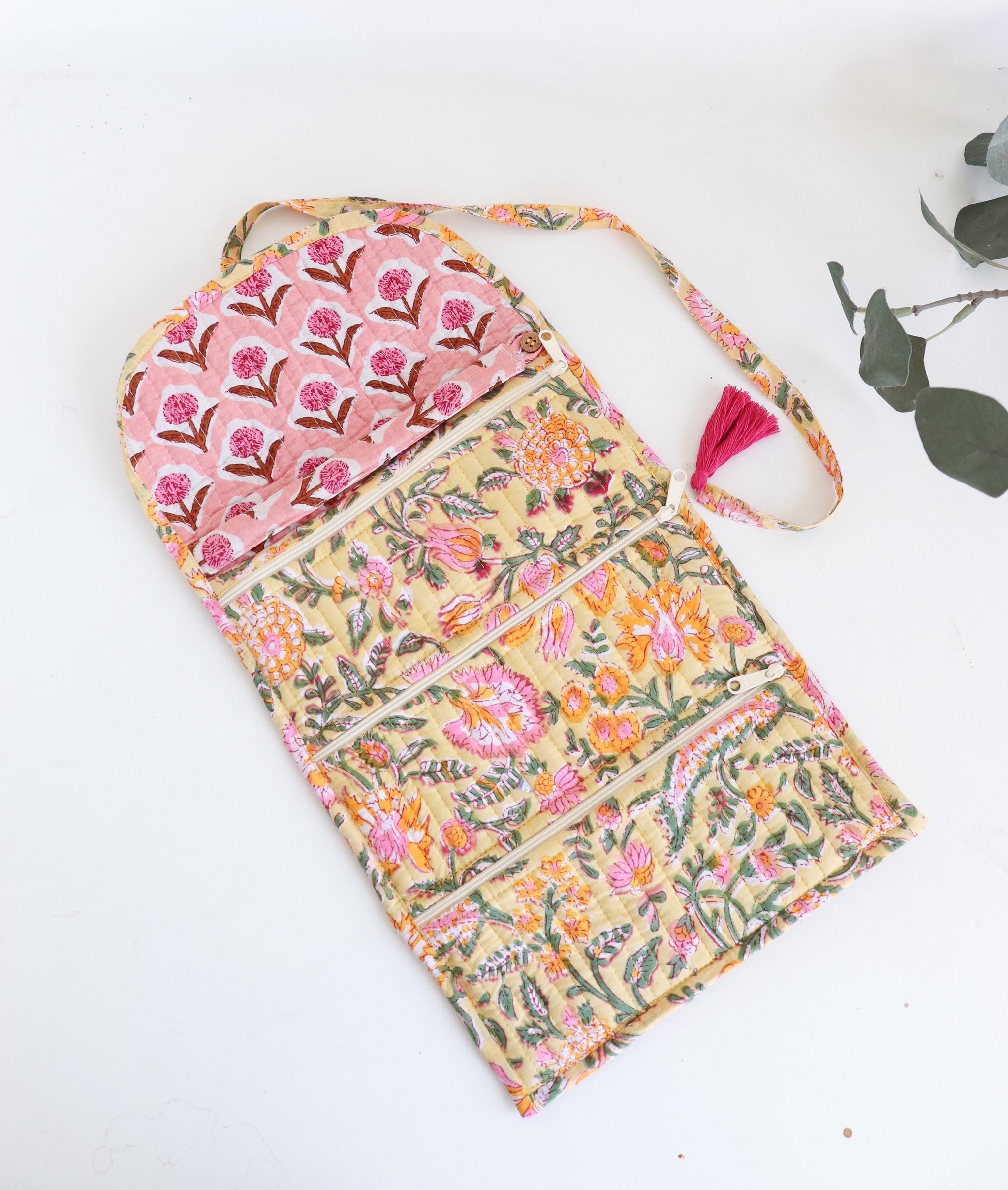 Jewelry Roll | Cotton Jewelry Organizer | Travel Jewelry Case | Roll Up Jewelry Bag with Zipper Pockets, Makeup Brush Case, Toiletry Pouch