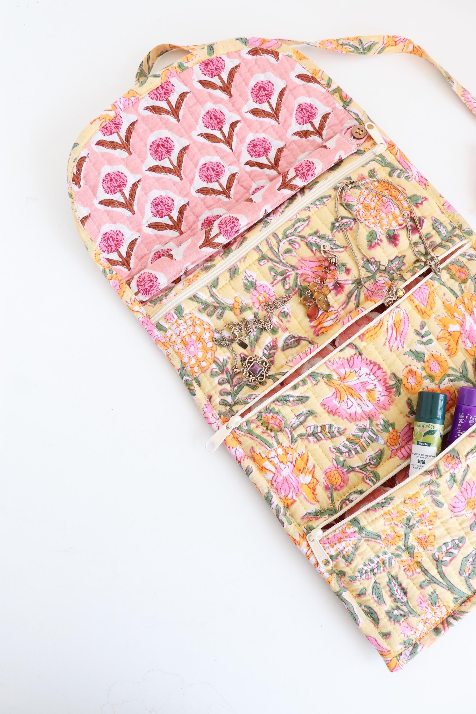 Jewelry Roll | Cotton Jewelry Organizer | Travel Jewelry Case | Roll Up Jewelry Bag with Zipper Pockets, Makeup Brush Case, Toiletry Pouch