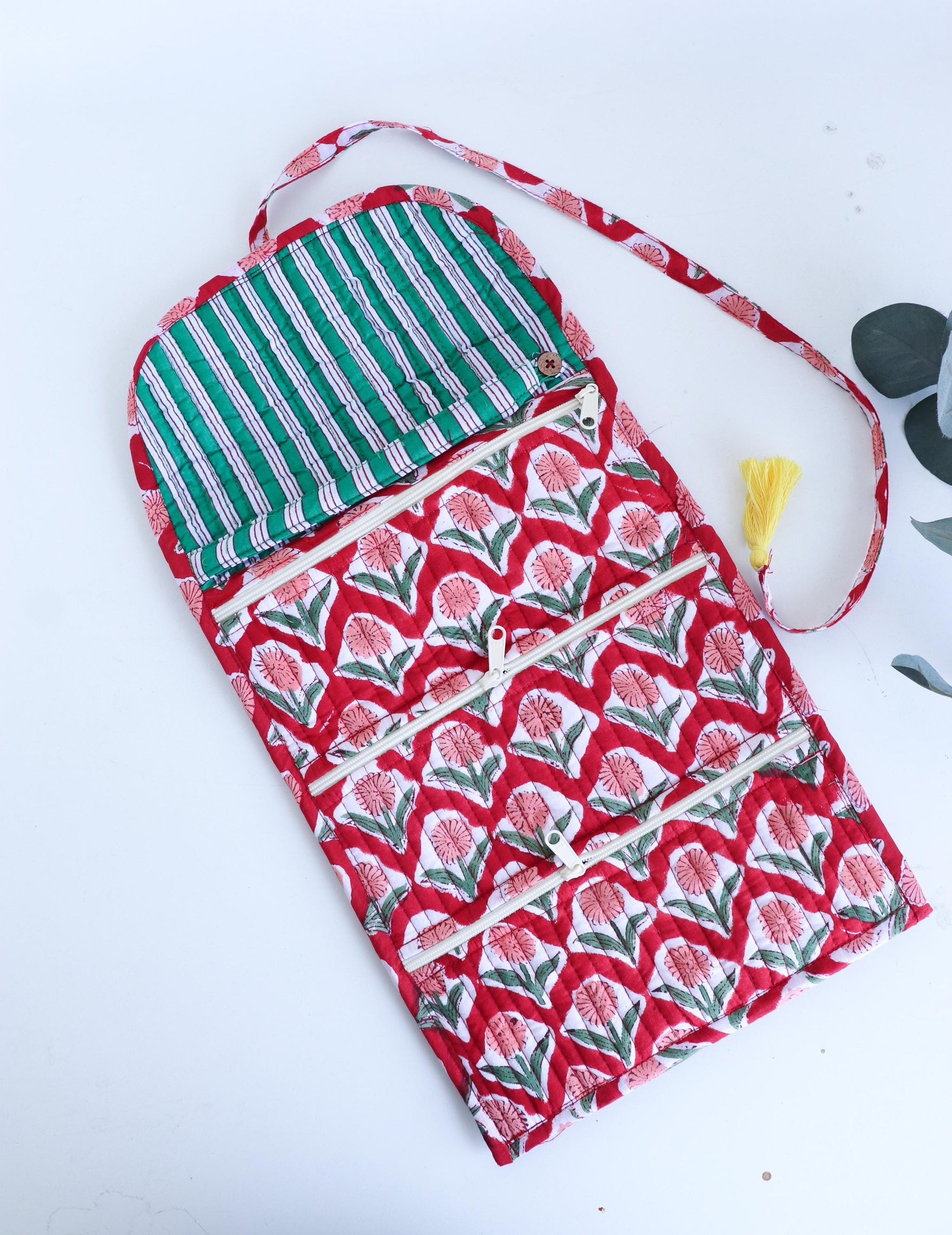 Jewelry Roll | Cotton Jewelry Organizer | Travel Jewelry Case | Roll Up Jewelry Bag with Zipper Pockets, Makeup Brush Case, Toiletry Pouch