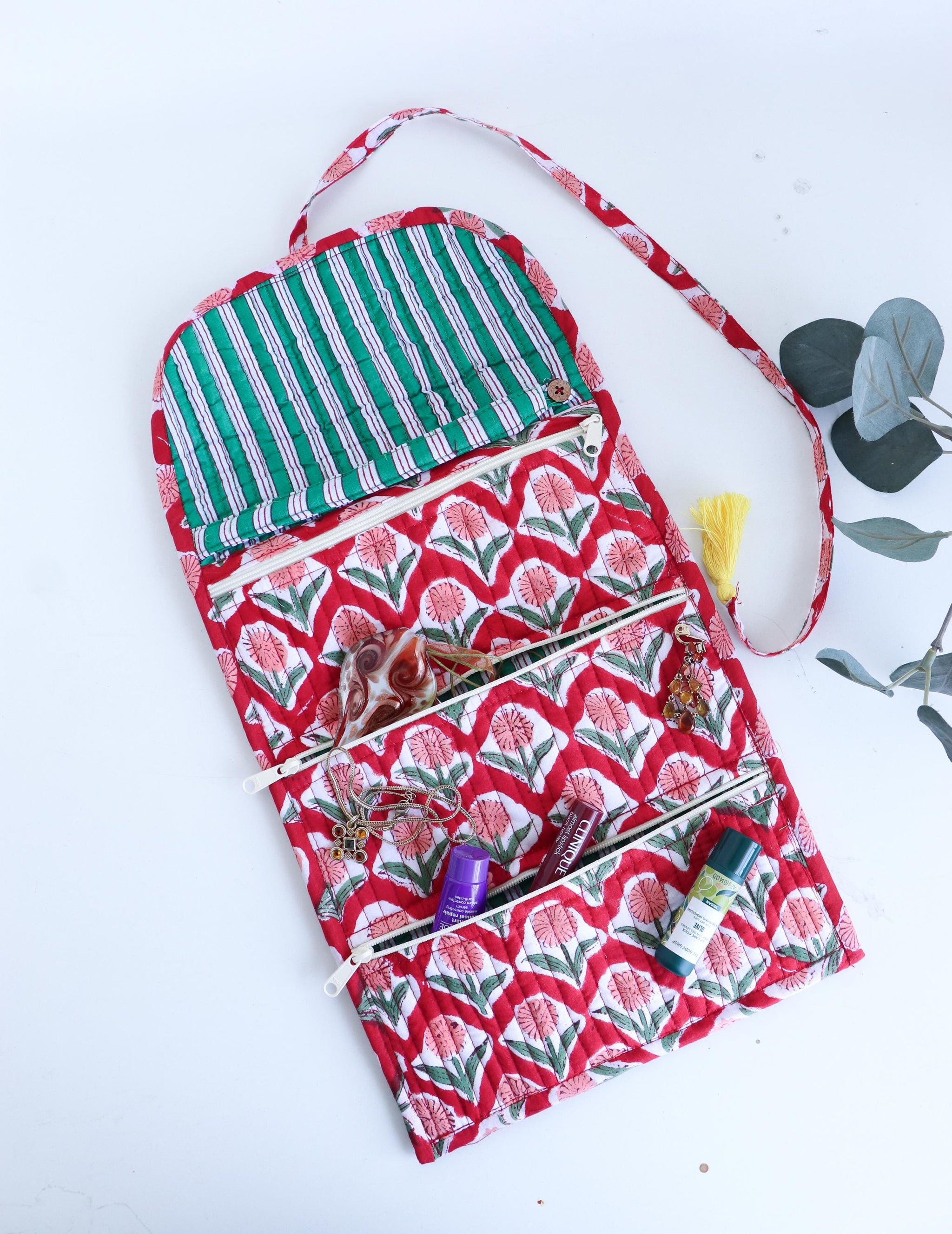 Jewelry Roll | Cotton Jewelry Organizer | Travel Jewelry Case | Roll Up Jewelry Bag with Zipper Pockets, Makeup Brush Case, Toiletry Pouch