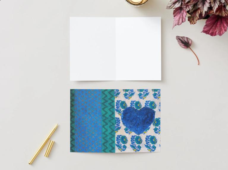 Blue Heart Printable Card – Hand Painted Style Floral Patchwork, Digital Download Love Card, Valentine’s Day, Anniversary, Thinking of You