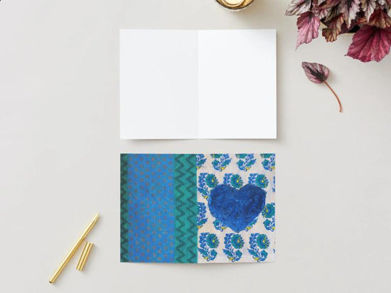 Blue Heart Printable Card – Hand Painted Style Floral Patchwork, Digital Download Love Card, Valentine’s Day, Anniversary, Thinking of You