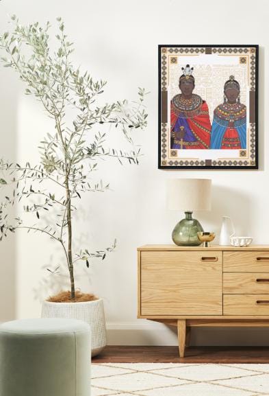 African Inspired Wall Art – Colorful Tribal Couple Illustration, Modern Ethnic Decor, Boho Living Room Canvas Art, Cultural Portrait