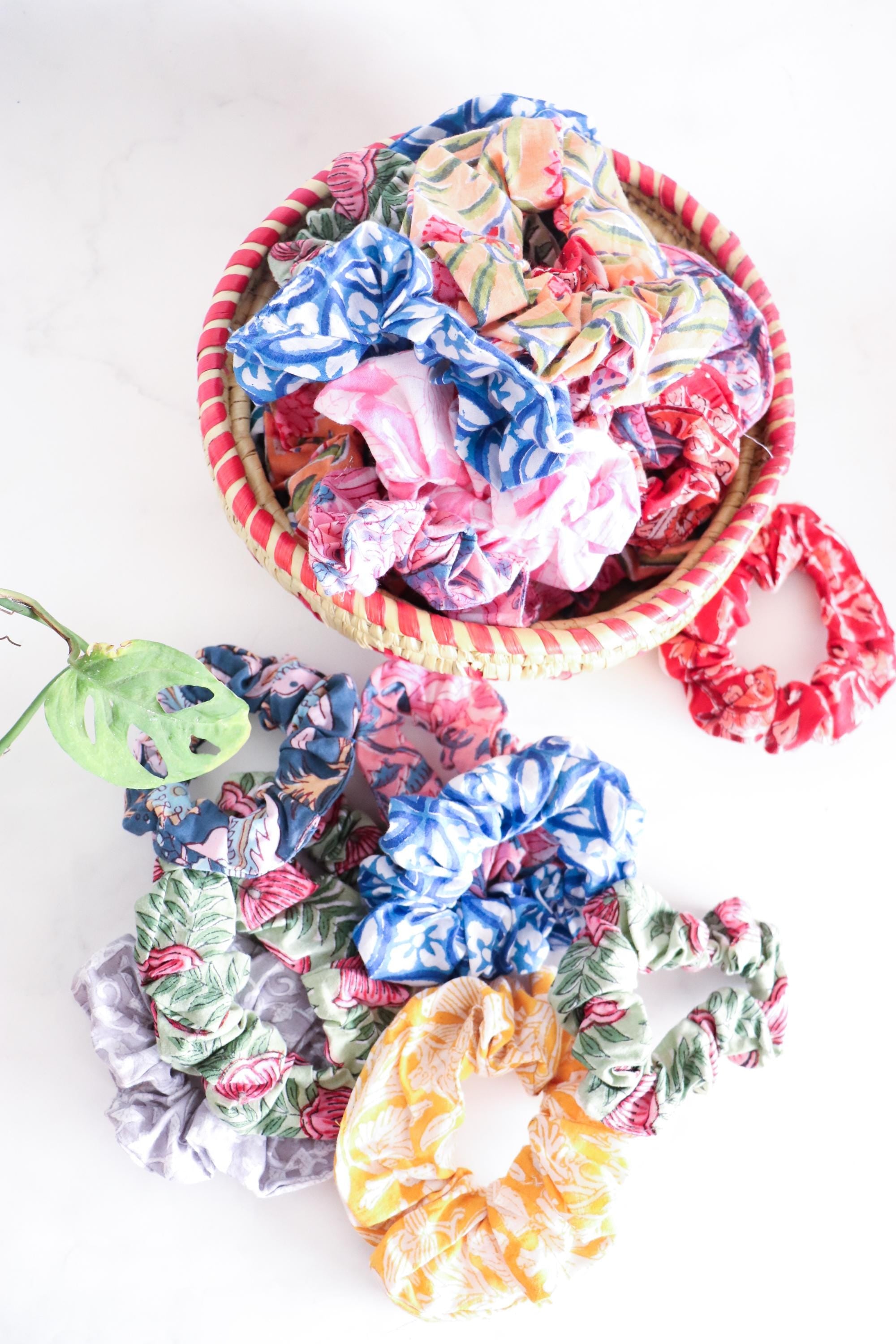 Pure Cotton Scrunchies – Set of 5 | Handmade Block Print Hair Ties | No-Breakage Gentle Hair Scrunchies | Soft Elastic, Plastic-Free | Boho