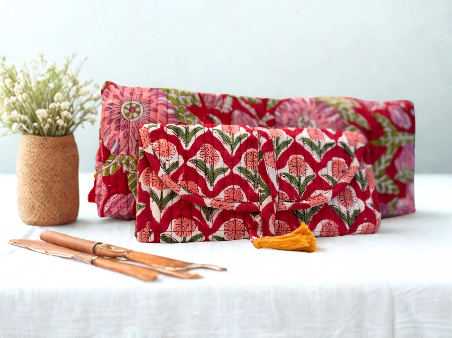 Luxury Travel Gift Set | Dyson Hair Tool Bag, Jewelry Organizer Roll + Free Tote | Quilted Travel Organizer Set | Hand Block Printed Bags