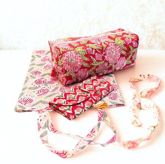 Luxury Travel Gift Set | Dyson Hair Tool Bag, Jewelry Organizer Roll + Free Tote | Quilted Travel Organizer Set | Hand Block Printed Bags