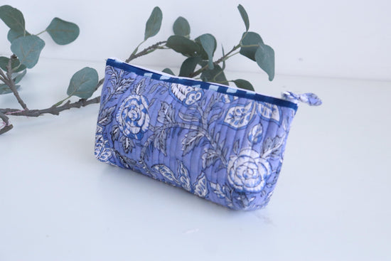 Jewelry Roll Organizer with Matching Makeup Pouch, Quilted Travel Case for Necklaces Rings Earrings, Blue Floral Cosmetic Storage Set
