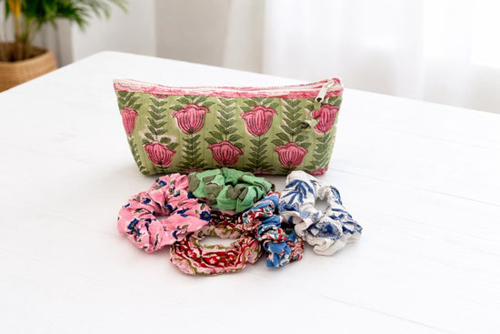 Utility Makeup Pouch with 5 Floral Scrunchies, Hand Block Printed Hair Accessories Gift Set, Cotton Cosmetic Bag for Travel & Daily Use
