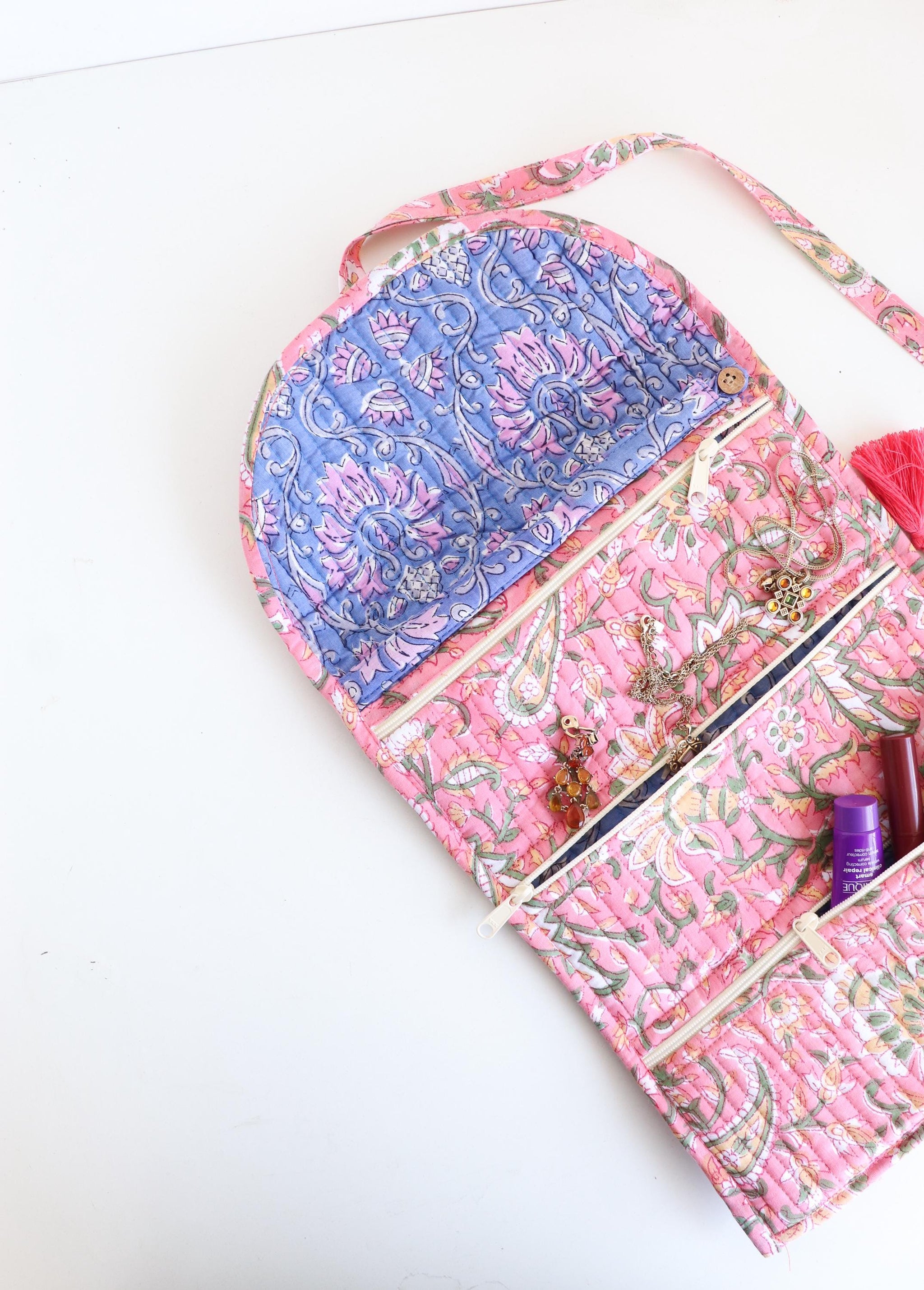 Jewelry Roll | Cotton Jewelry Organizer | Travel Jewelry Case | Roll Up Jewelry Bag with Zipper Pockets, Makeup Brush Case, Toiletry Pouch