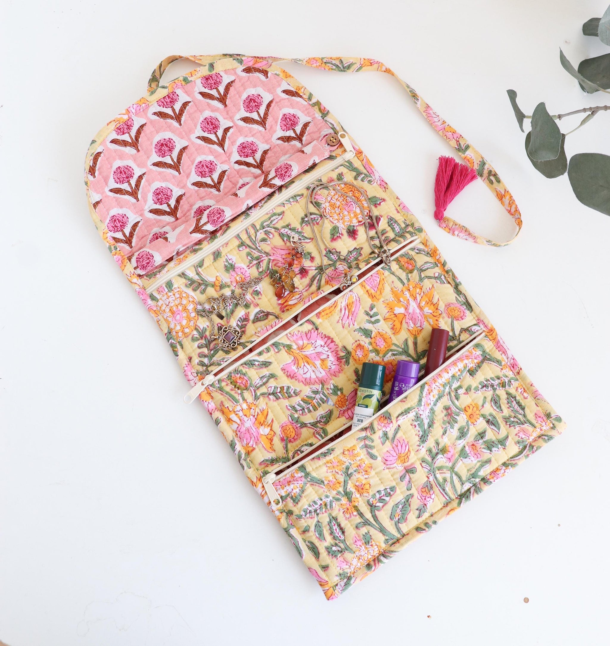 Jewelry Roll | Cotton Jewelry Organizer | Travel Jewelry Case | Roll Up Jewelry Bag with Zipper Pockets, Makeup Brush Case, Toiletry Pouch