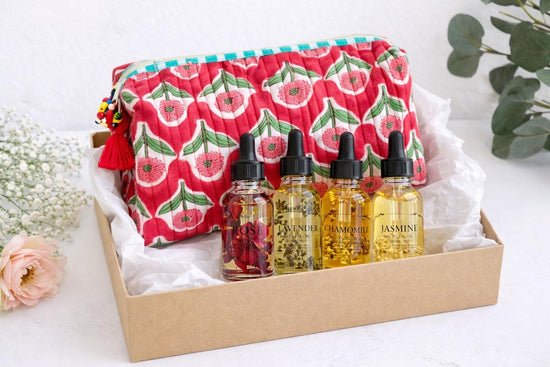 Hand Block Print Cotton Makeup Bag Gift Set | Natural Essential Oils with Dried Flowers | Valentine’s Day Self Care Gift
