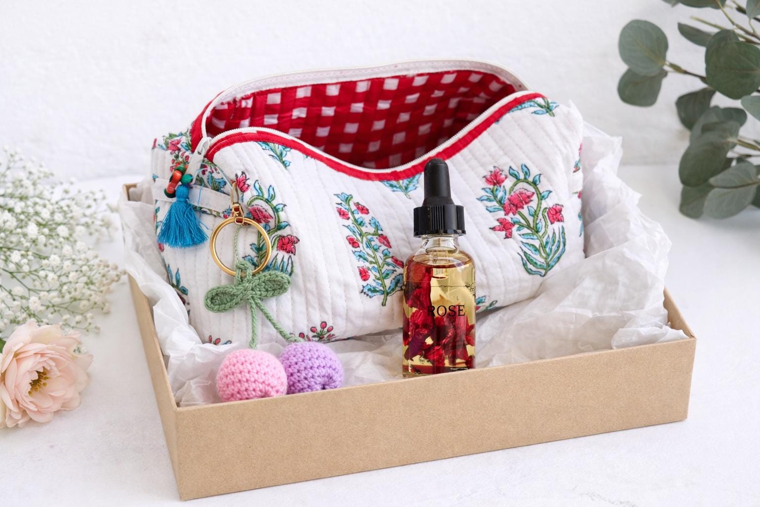 Hand Block Print Makeup Bag Gift Set | Crochet Tulip Keychain & Rose Oil