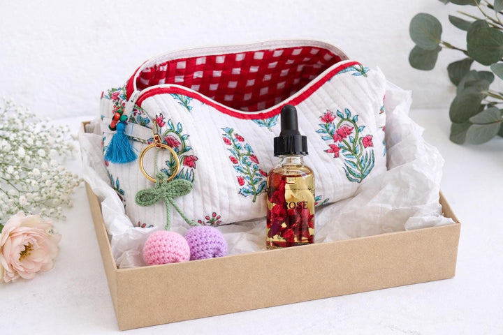 Hand Block Print Makeup Bag Gift Set | Crochet Tulip Keychain & Rose Oil