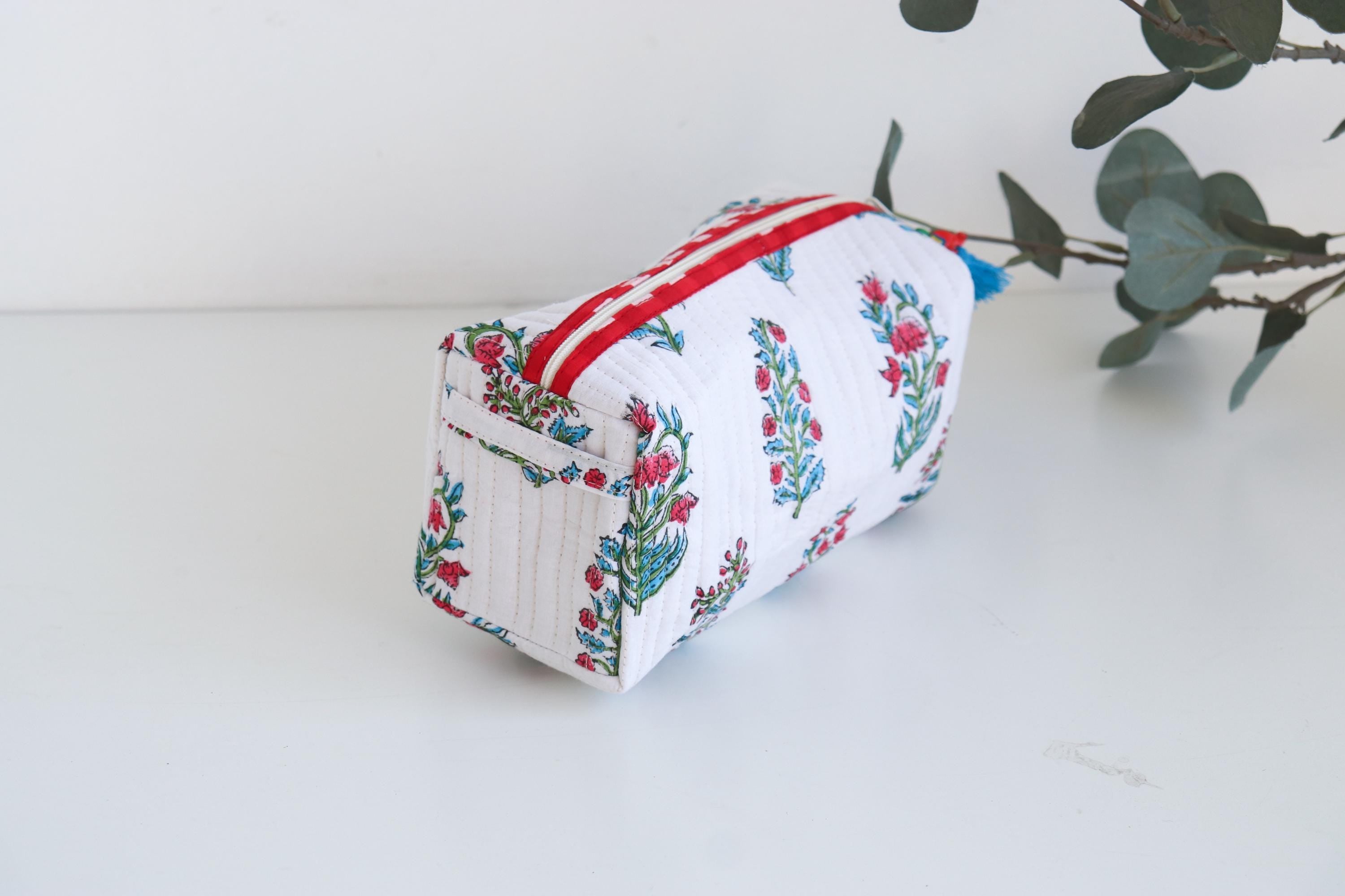 Hand Block Print Makeup Bag Gift Set | Crochet Tulip Keychain & Rose Oil