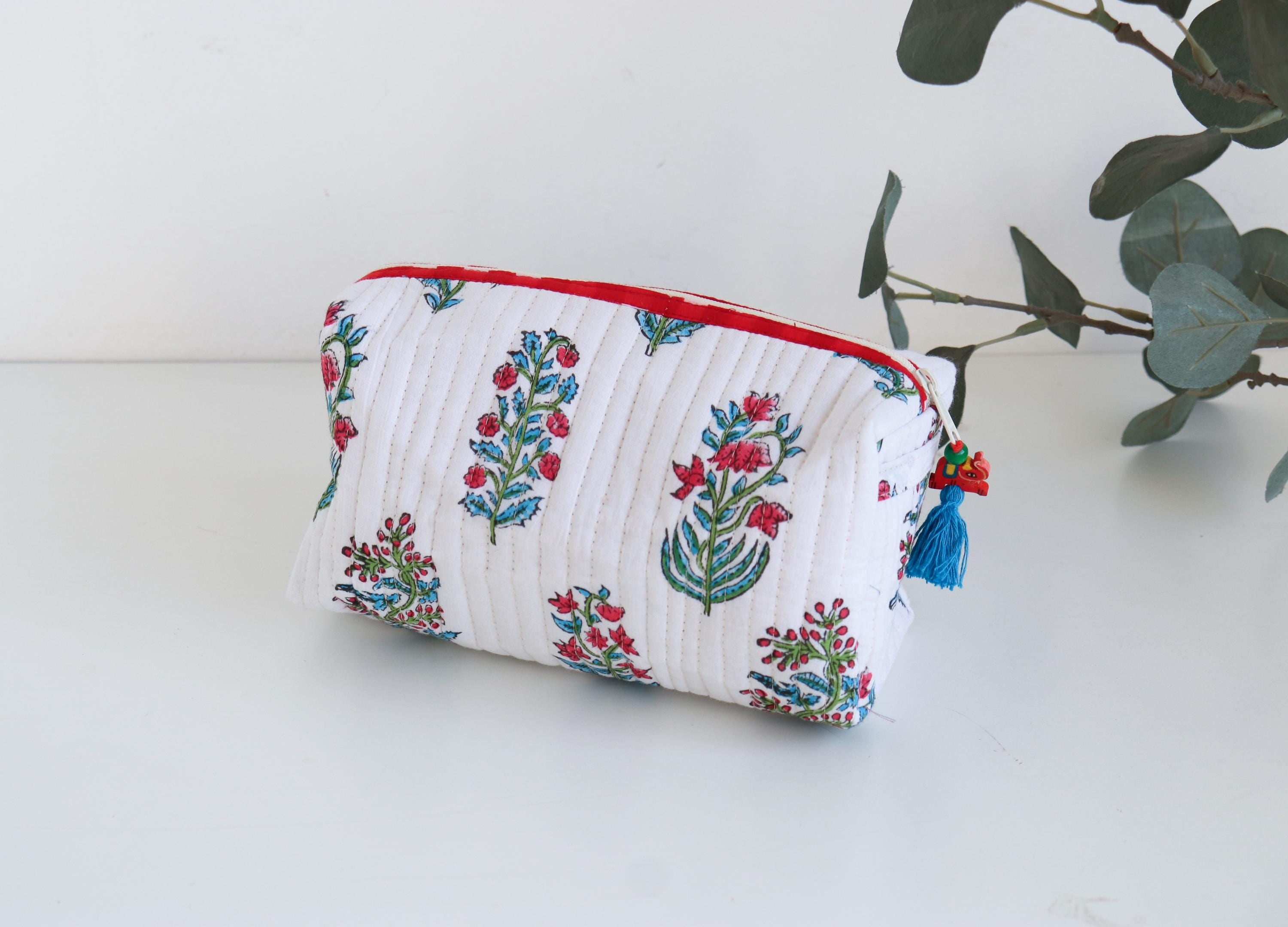 Hand Block Print Makeup Bag Gift Set | Crochet Tulip Keychain & Rose Oil