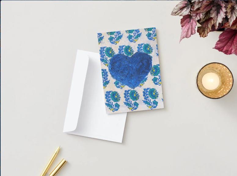 Blue Heart Printable Card – Hand Painted Style Floral Patchwork, Digital Download Love Card, Valentine’s Day, Anniversary, Thinking of You