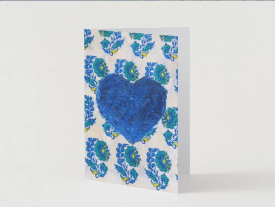 Blue Heart Printable Card – Hand Painted Style Floral Patchwork, Digital Download Love Card, Valentine’s Day, Anniversary, Thinking of You