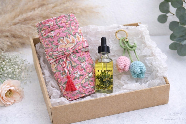 Valentine's Gift Jewelry Roll Set | Hand Block Printed Cotton Jewelry Organizer with Peppermint Essential Oil & Crochet Keychain, Travel Set