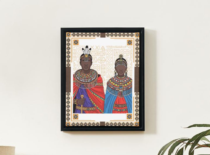 African Inspired Wall Art – Colorful Tribal Couple Illustration, Modern Ethnic Decor, Boho Living Room Canvas Art, Cultural Portrait