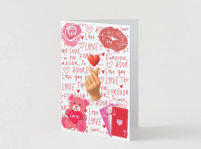 Cute Valentine Printable Card – 5x7 Love Card PDF JPG PNG, Finger Heart Emoji, Teddy Bear Love Card, Instant Download Digital Card - Kpop