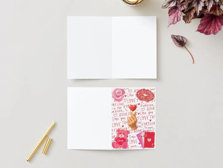 Cute Valentine Printable Card – 5x7 Love Card PDF JPG PNG, Finger Heart Emoji, Teddy Bear Love Card, Instant Download Digital Card - Kpop
