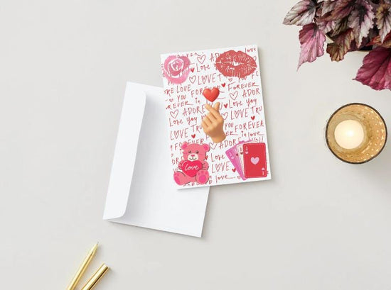 Cute Valentine Printable Card – 5x7 Love Card PDF JPG PNG, Finger Heart Emoji, Teddy Bear Love Card, Instant Download Digital Card - Kpop