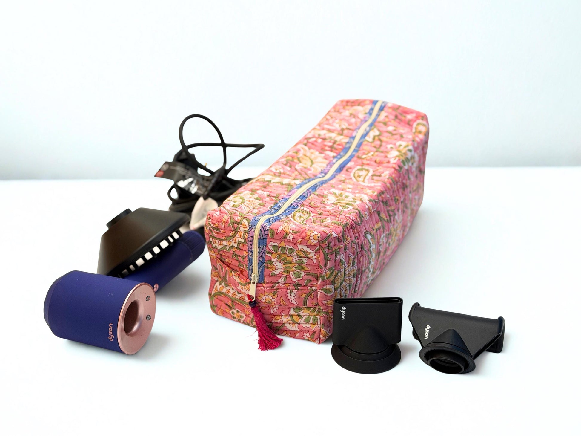 Cute Dyson Airwrap Bag, Travel Hair Dryer Storage Bag, Portable Hair Accessories Travel Case, Quilted Block Print Cotton Hair Tool Organize