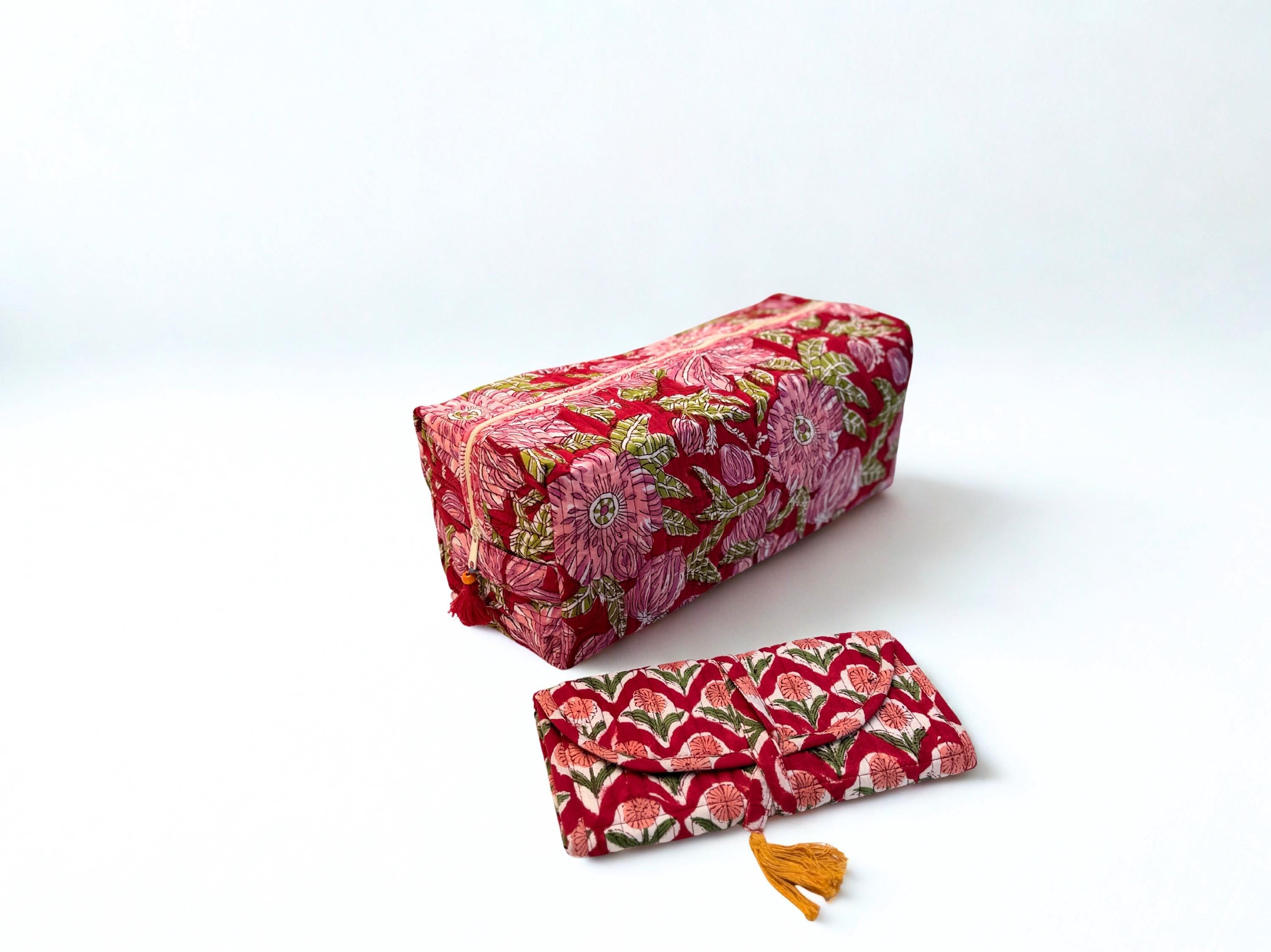 Luxury Travel Gift Set | Dyson Hair Tool Bag, Jewelry Organizer Roll + Free Tote | Quilted Travel Organizer Set | Hand Block Printed Bags