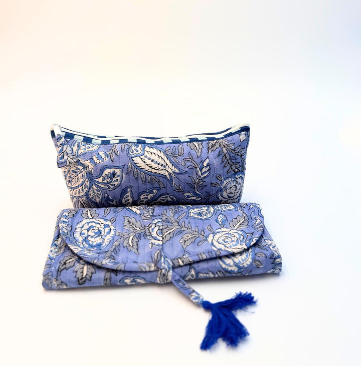 Jewelry Roll Organizer with Matching Makeup Pouch, Quilted Travel Case for Necklaces Rings Earrings, Blue Floral Cosmetic Storage Set
