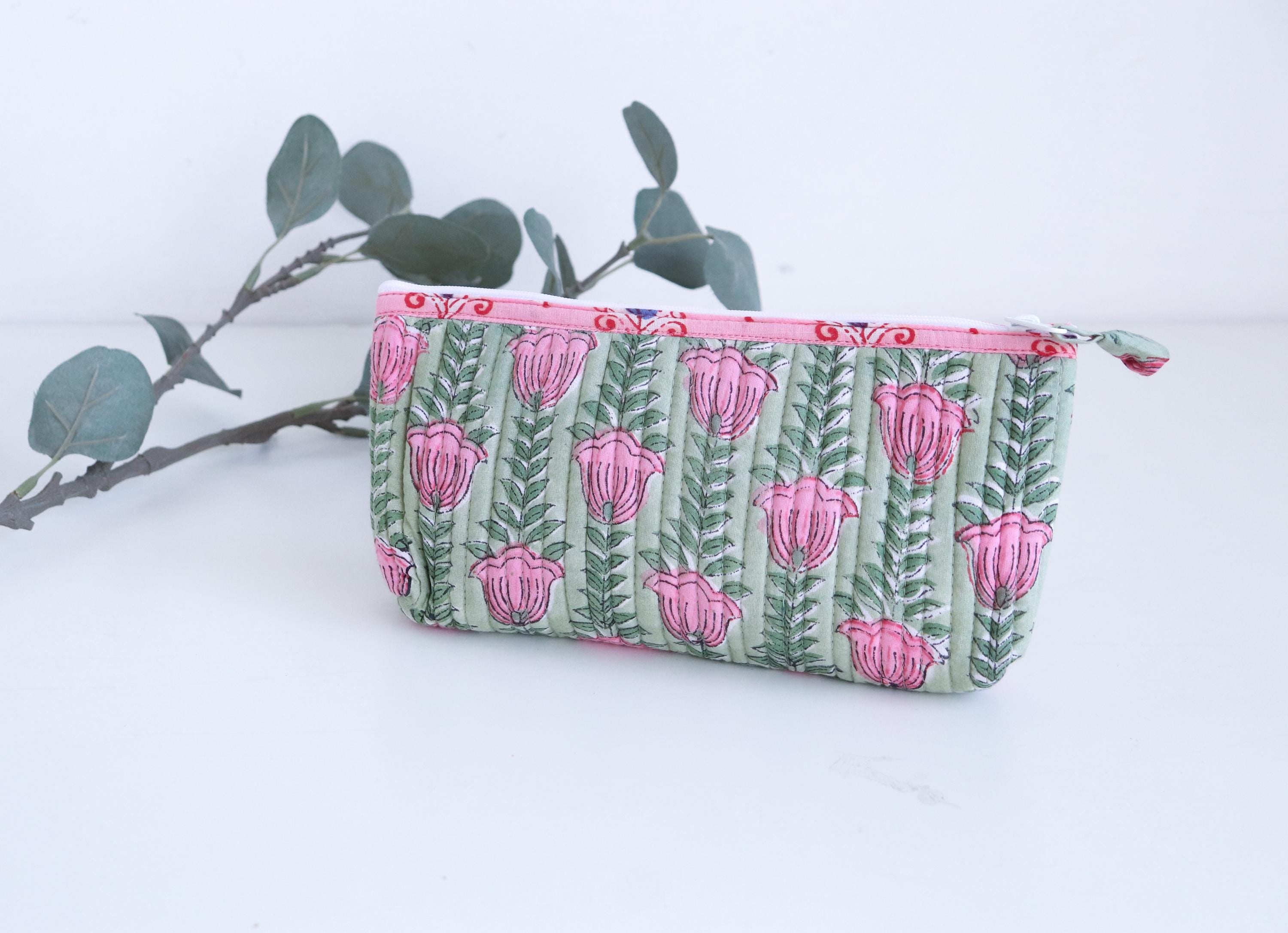 Utility Makeup Pouch with 5 Floral Scrunchies, Hand Block Printed Hair Accessories Gift Set, Cotton Cosmetic Bag for Travel & Daily Use