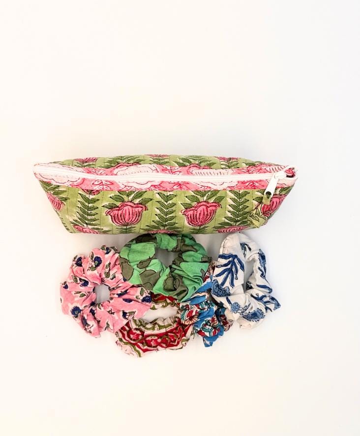 Utility Makeup Pouch with 5 Floral Scrunchies, Hand Block Printed Hair Accessories Gift Set, Cotton Cosmetic Bag for Travel & Daily Use