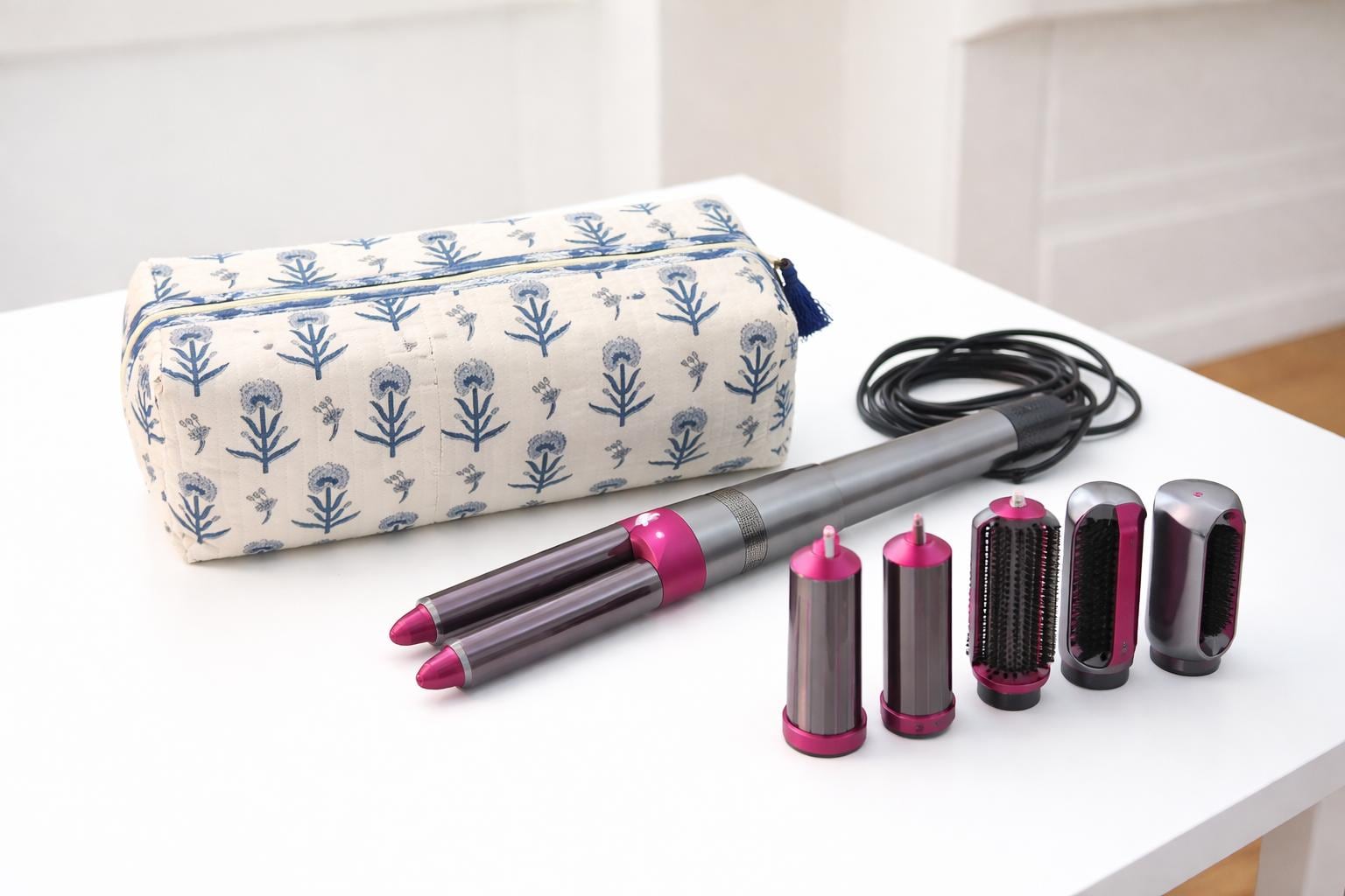 Cute Dyson Airwrap Bag, Travel Hair Dryer Storage Bag, Portable Hair Accessories Travel Case, Quilted Block Print Cotton Hair Tool Organize