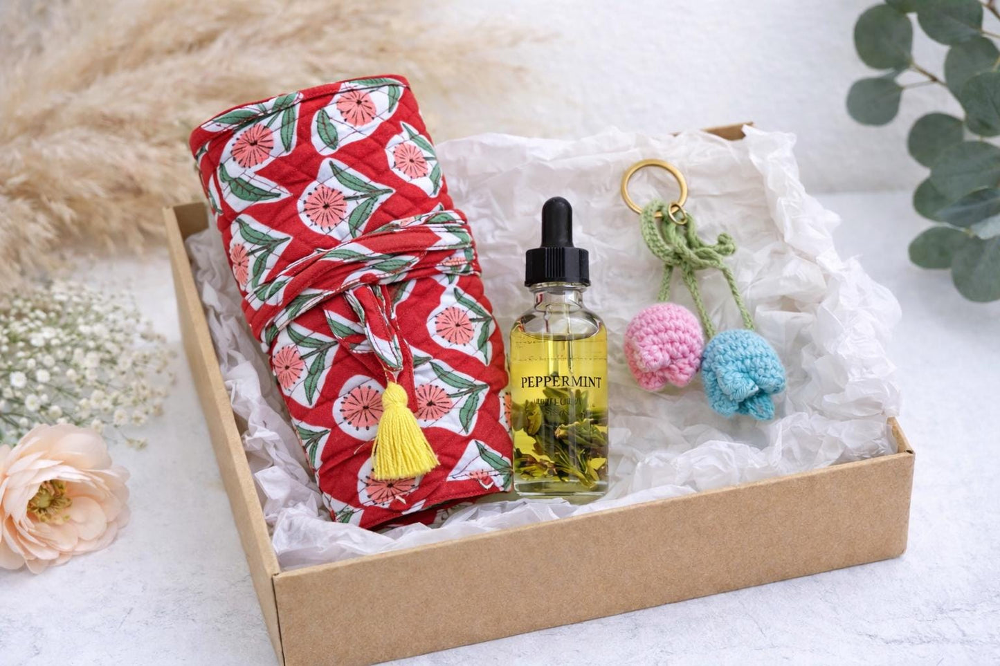 Valentine's Gift Jewelry Roll Set | Hand Block Printed Cotton Jewelry Organizer with Peppermint Essential Oil & Crochet Keychain, Travel Set